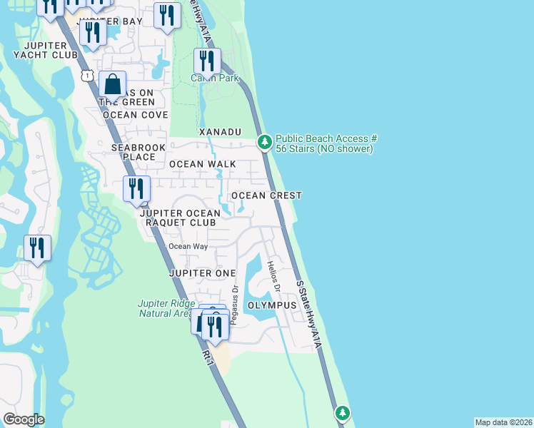 map of restaurants, bars, coffee shops, grocery stores, and more near 1300 Ocean Boulevard in Jupiter