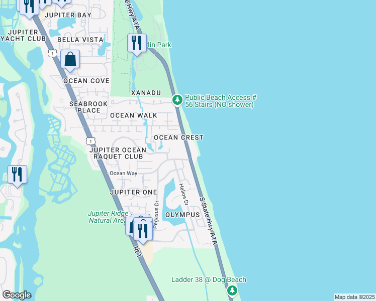 map of restaurants, bars, coffee shops, grocery stores, and more near Ocean Boulevard in Jupiter