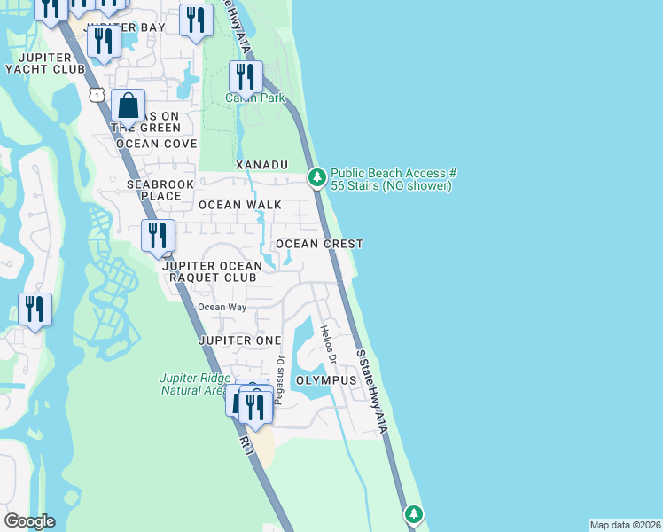 map of restaurants, bars, coffee shops, grocery stores, and more near 1300 Ocean Boulevard in Jupiter