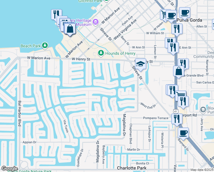 map of restaurants, bars, coffee shops, grocery stores, and more near 745 Bimini Lane in Punta Gorda