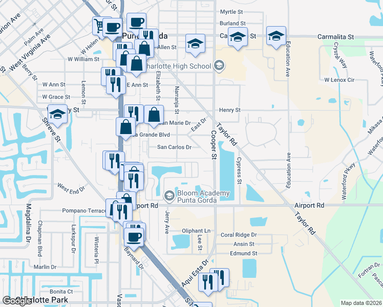 map of restaurants, bars, coffee shops, grocery stores, and more near 438 Palmera Drive in Punta Gorda