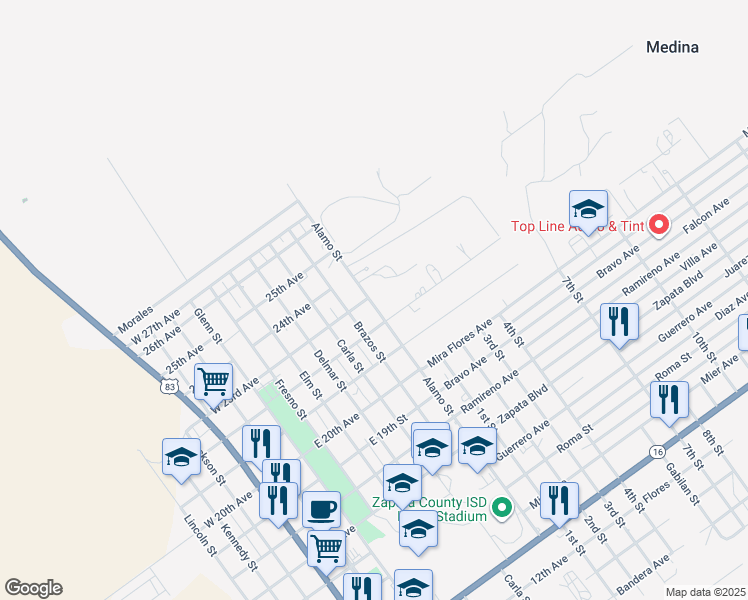 map of restaurants, bars, coffee shops, grocery stores, and more near 2200-2298 Alamo Street in Zapata