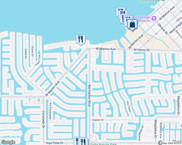 map of restaurants, bars, coffee shops, grocery stores, and more near 410 Bal Harbor Boulevard in Punta Gorda