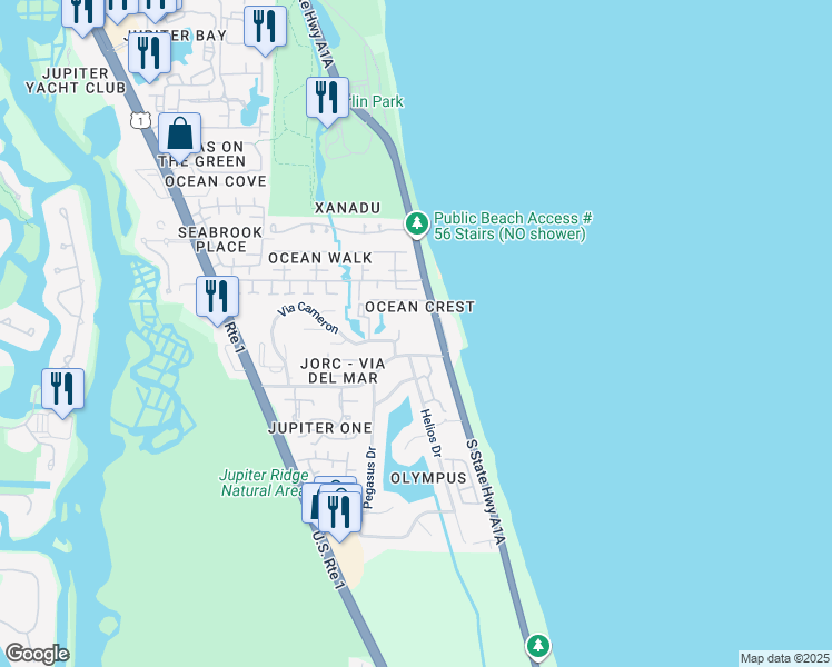 map of restaurants, bars, coffee shops, grocery stores, and more near 1300 Florida A1A in Jupiter