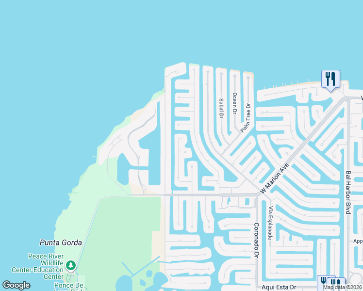 map of restaurants, bars, coffee shops, grocery stores, and more near 2845 Coral Way in Punta Gorda