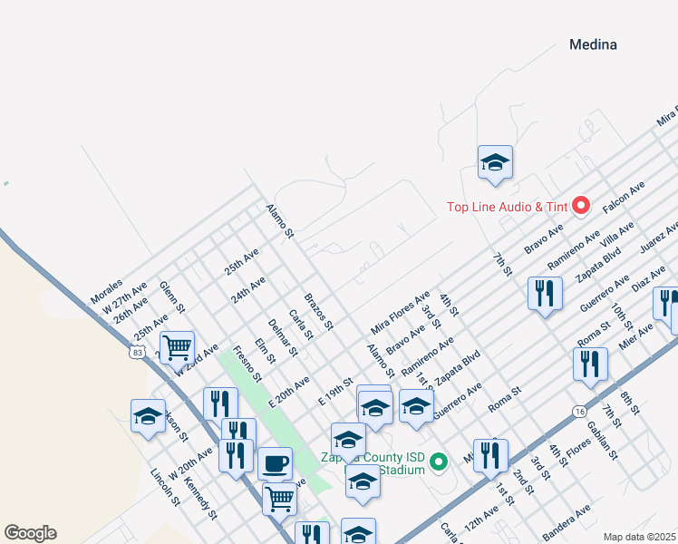 map of restaurants, bars, coffee shops, grocery stores, and more near 2200 Alamo Street in Zapata