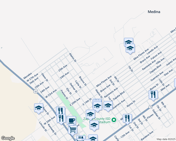 map of restaurants, bars, coffee shops, grocery stores, and more near 2200-2298 Alamo Street in Zapata