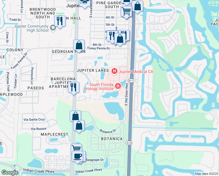 map of restaurants, bars, coffee shops, grocery stores, and more near in Jupiter