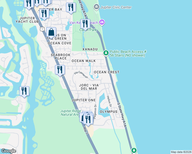 map of restaurants, bars, coffee shops, grocery stores, and more near in Jupiter