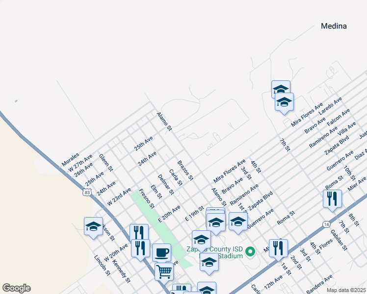 map of restaurants, bars, coffee shops, grocery stores, and more near 2300 Alamo Street in Zapata