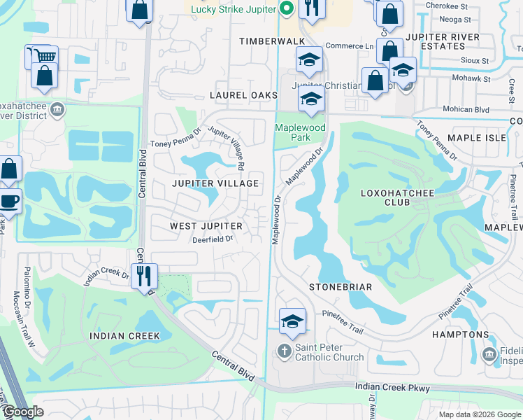 map of restaurants, bars, coffee shops, grocery stores, and more near 110 Sherwood Circle in Jupiter