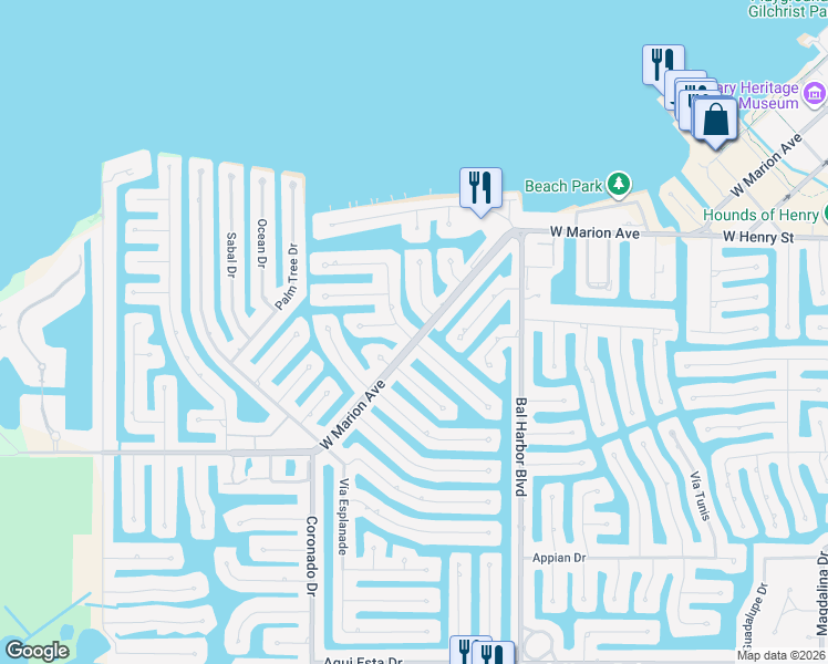 map of restaurants, bars, coffee shops, grocery stores, and more near 166 Gulfview Road in Punta Gorda