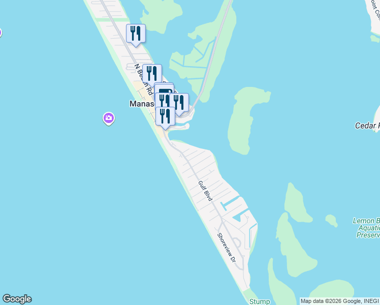 map of restaurants, bars, coffee shops, grocery stores, and more near 1755 Gulf Boulevard in Englewood