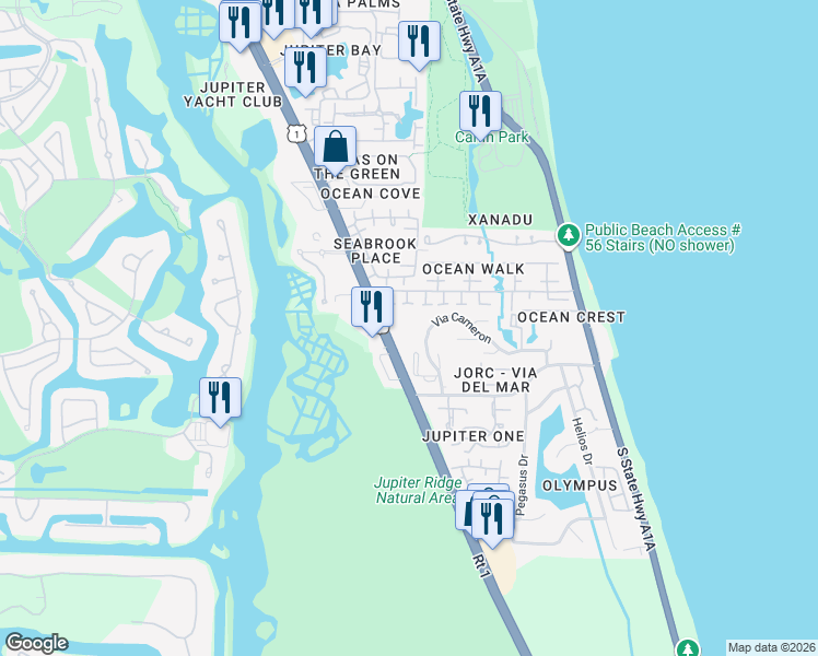 map of restaurants, bars, coffee shops, grocery stores, and more near 1605 South US Highway 1 in Jupiter