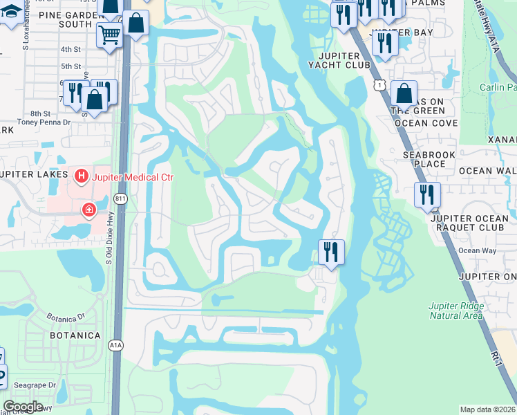 map of restaurants, bars, coffee shops, grocery stores, and more near 16613 Hidden Cove Drive in Jupiter