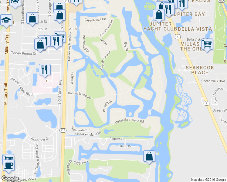 map of restaurants, bars, coffee shops, grocery stores, and more near 16616 Narrows Drive in Jupiter