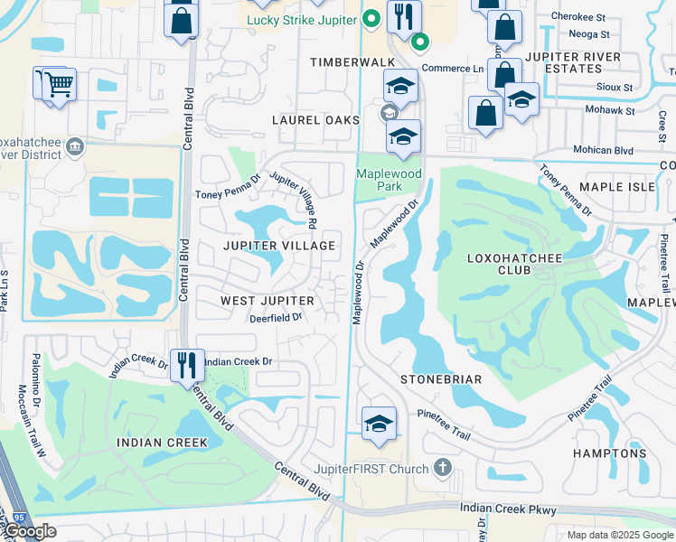 map of restaurants, bars, coffee shops, grocery stores, and more near 147 Rosewood Circle in Jupiter