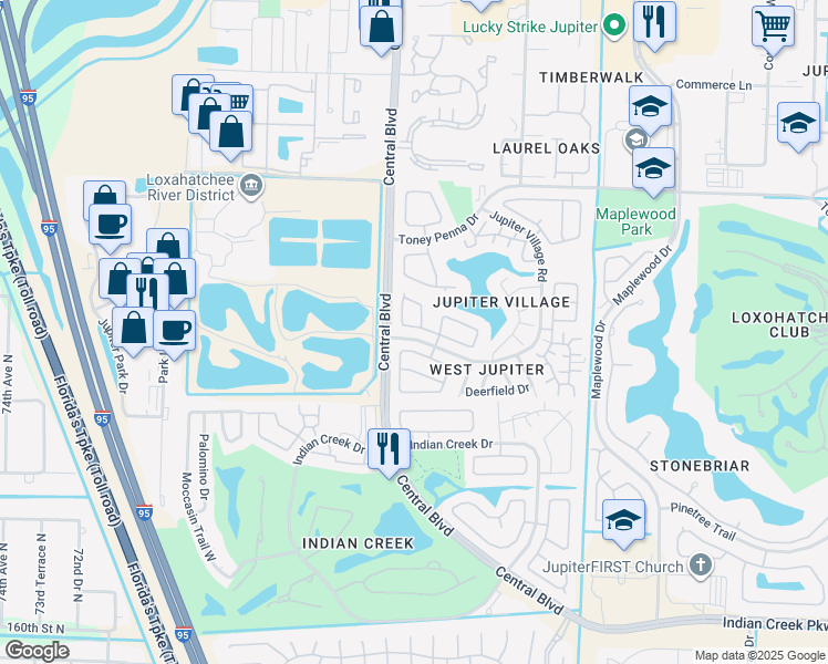 map of restaurants, bars, coffee shops, grocery stores, and more near 280 Palmetto Court in Jupiter