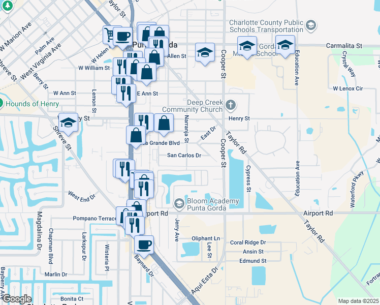 map of restaurants, bars, coffee shops, grocery stores, and more near 1806 Narranja Street in Punta Gorda