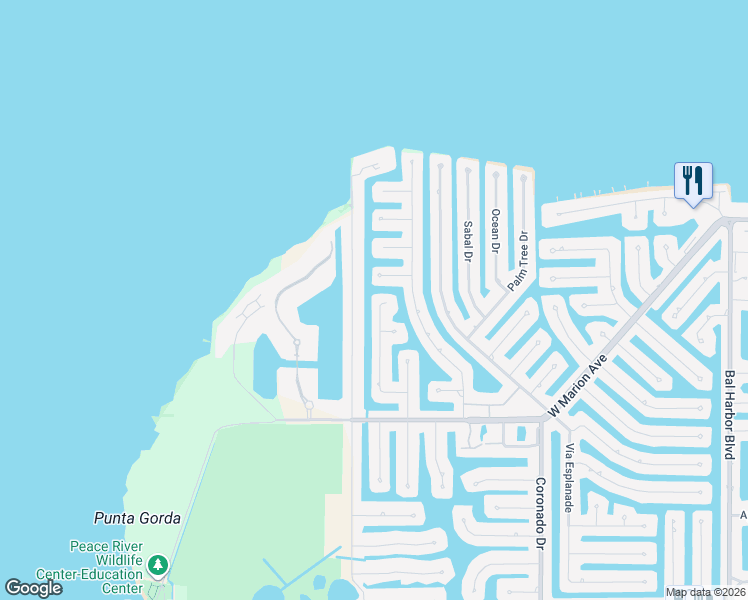 map of restaurants, bars, coffee shops, grocery stores, and more near 2881 Coral Way in Punta Gorda