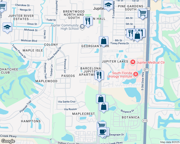 map of restaurants, bars, coffee shops, grocery stores, and more near 111 Sierra Drive in Jupiter