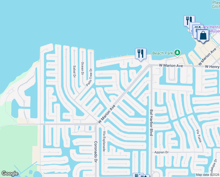 map of restaurants, bars, coffee shops, grocery stores, and more near 2174 Bayou Road in Punta Gorda