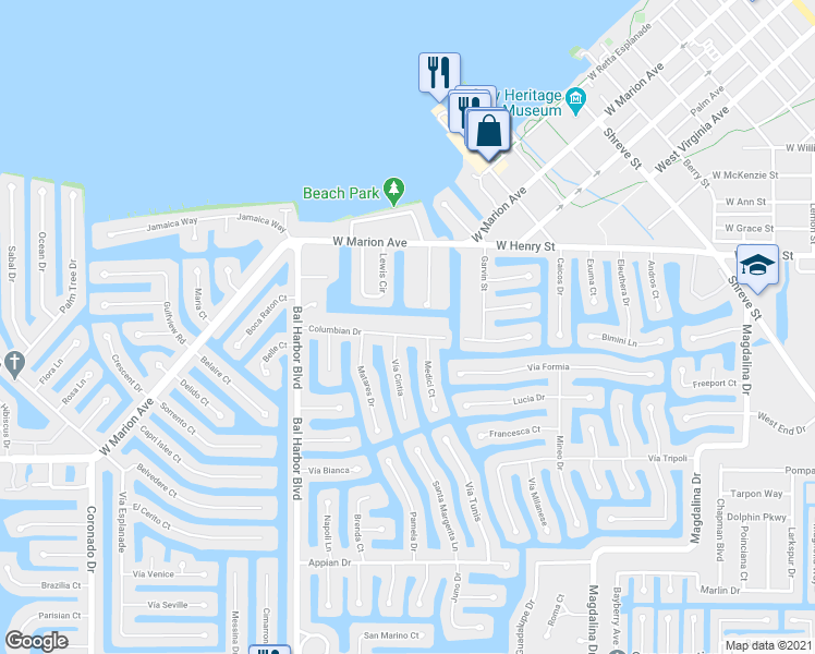 map of restaurants, bars, coffee shops, grocery stores, and more near 1316 Columbian Drive in Punta Gorda