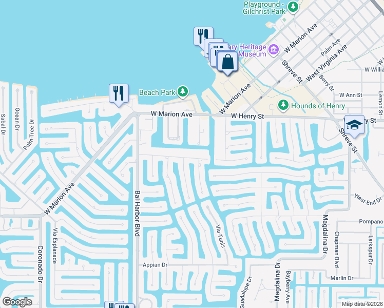 map of restaurants, bars, coffee shops, grocery stores, and more near 1312 Columbian Drive in Punta Gorda