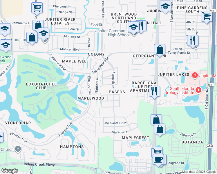 map of restaurants, bars, coffee shops, grocery stores, and more near 112 Via Catalunha in Jupiter