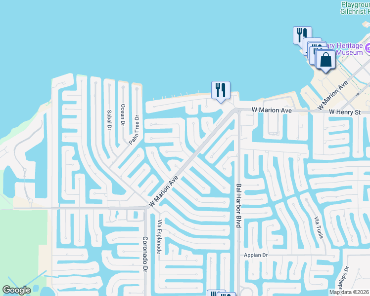 map of restaurants, bars, coffee shops, grocery stores, and more near 166 Gulfview Road in Punta Gorda