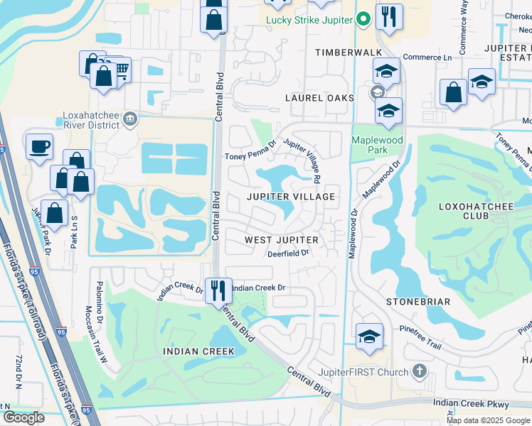 map of restaurants, bars, coffee shops, grocery stores, and more near 160 Pinewood Court in Jupiter