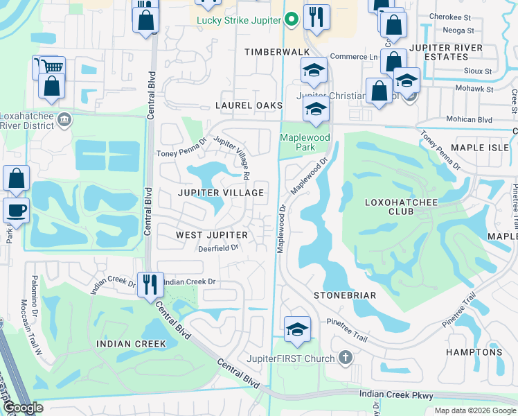 map of restaurants, bars, coffee shops, grocery stores, and more near 155 Rosewood Circle in Jupiter