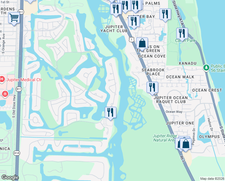 map of restaurants, bars, coffee shops, grocery stores, and more near 16718 Port Royal Circle in Jupiter