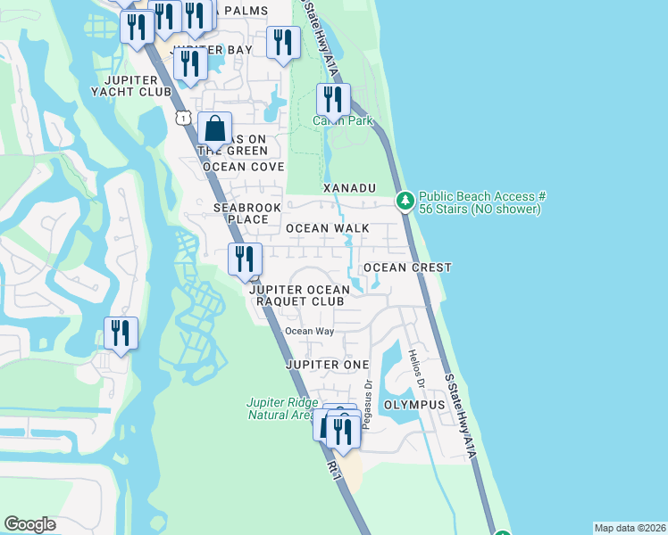 map of restaurants, bars, coffee shops, grocery stores, and more near 1471 Vía Privada in Jupiter