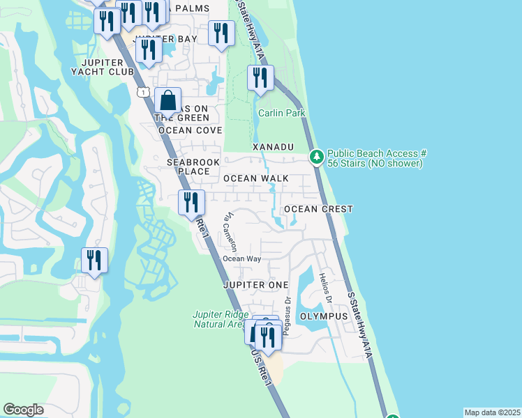 map of restaurants, bars, coffee shops, grocery stores, and more near 107 Bluefish Circle in Jupiter