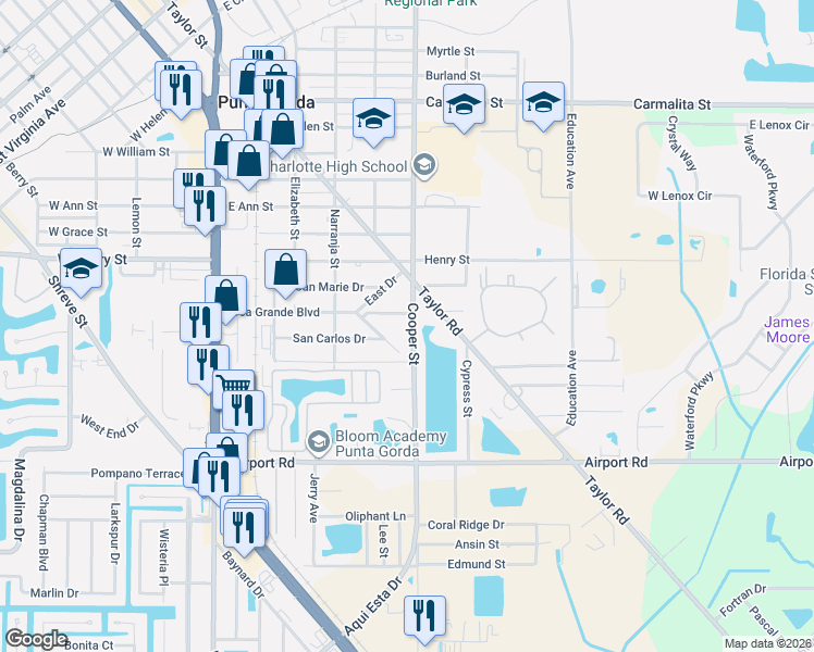 map of restaurants, bars, coffee shops, grocery stores, and more near 1849 Cooper Street in Punta Gorda