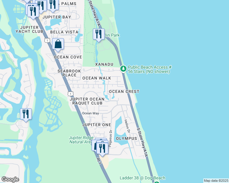 map of restaurants, bars, coffee shops, grocery stores, and more near 114 Tim Mara Drive in Jupiter