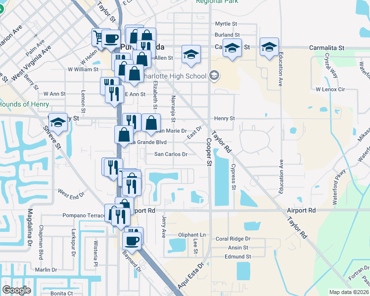 map of restaurants, bars, coffee shops, grocery stores, and more near 519 Corto Andra Street in Punta Gorda