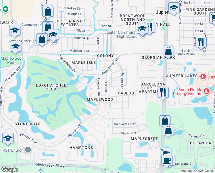 map of restaurants, bars, coffee shops, grocery stores, and more near 116 Timber Lane in Jupiter