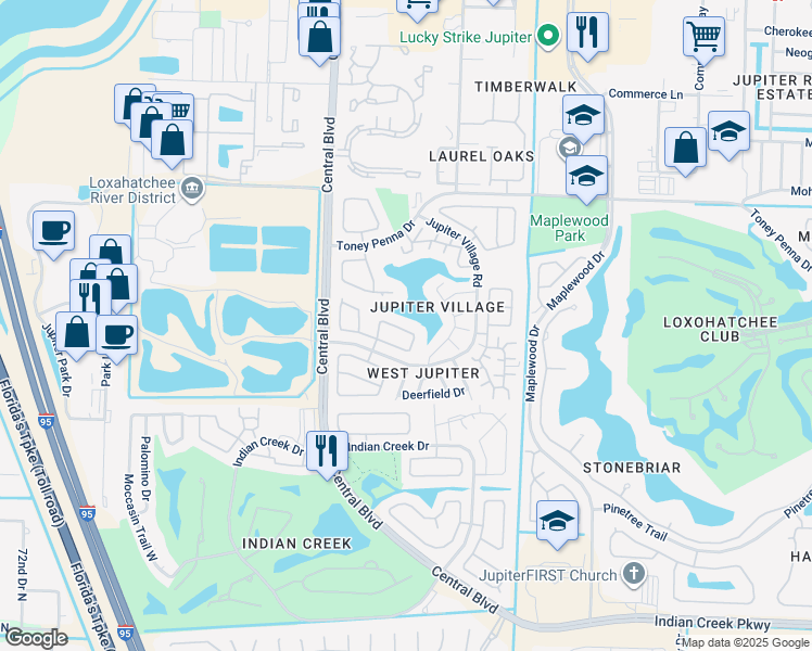 map of restaurants, bars, coffee shops, grocery stores, and more near 160 Pinewood Court in Jupiter