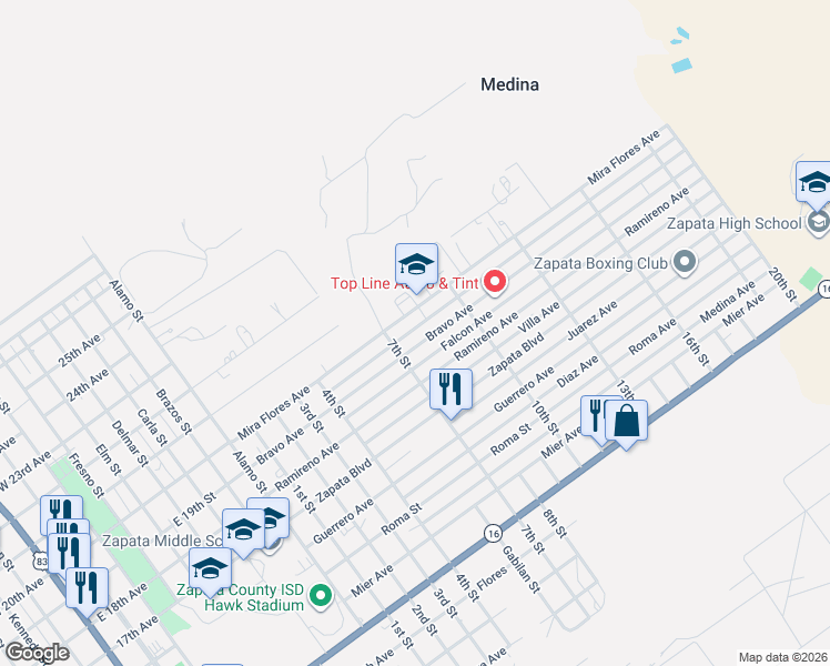map of restaurants, bars, coffee shops, grocery stores, and more near 701-805 Miraflores Street in Zapata