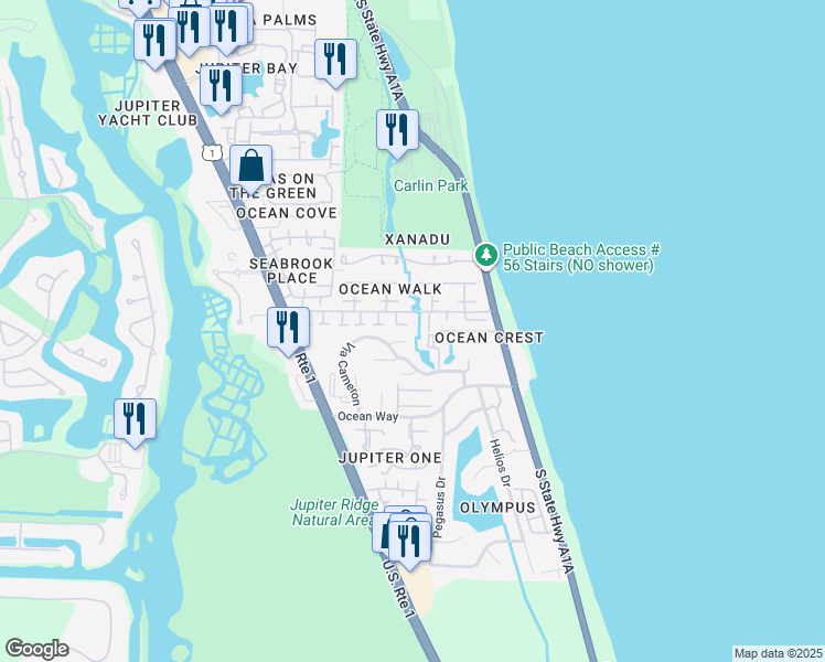 map of restaurants, bars, coffee shops, grocery stores, and more near 107 Bluefish Circle in Jupiter