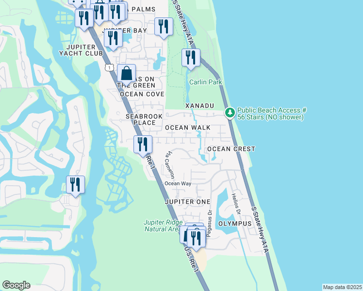 map of restaurants, bars, coffee shops, grocery stores, and more near 104 Albacore Lane in Jupiter