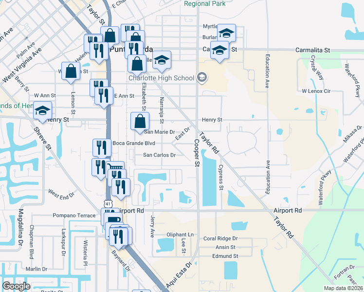 map of restaurants, bars, coffee shops, grocery stores, and more near 519 Corto Andra Street in Punta Gorda