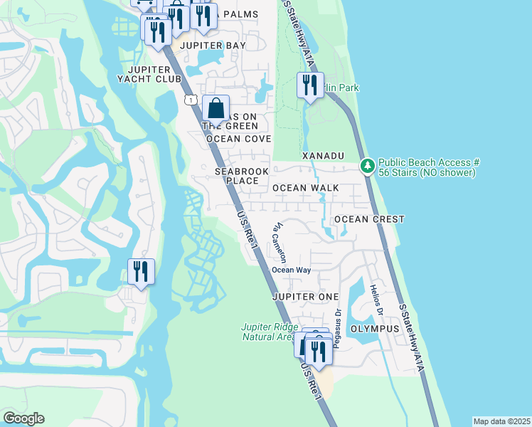 map of restaurants, bars, coffee shops, grocery stores, and more near 105 Sunfish Lane in Jupiter