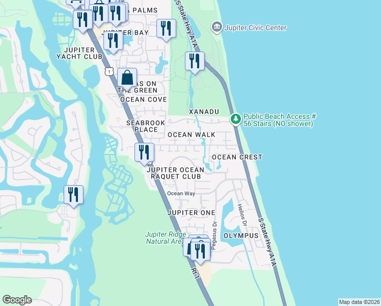 map of restaurants, bars, coffee shops, grocery stores, and more near 106 Albacore Lane in Jupiter