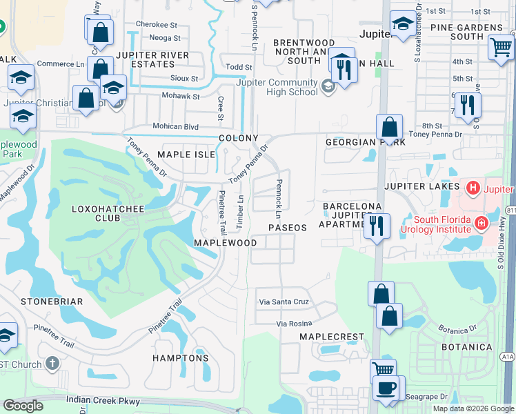 map of restaurants, bars, coffee shops, grocery stores, and more near 105 Via Catalunha in Jupiter
