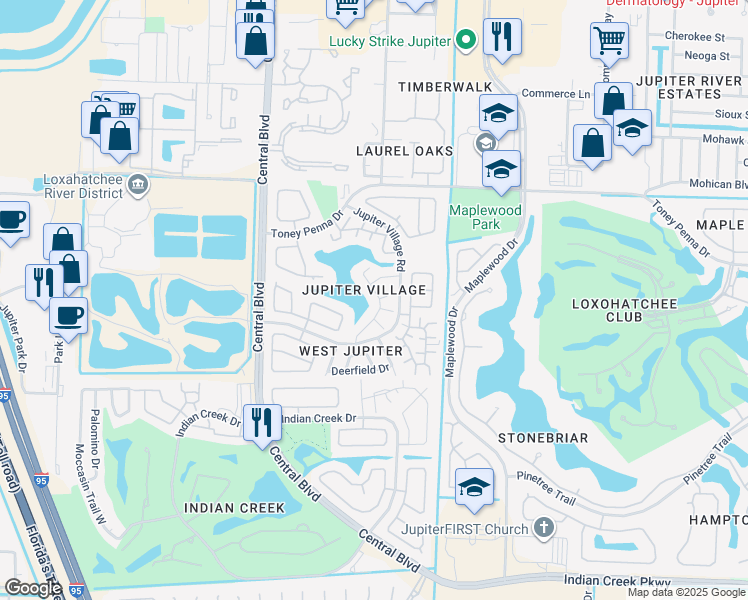 map of restaurants, bars, coffee shops, grocery stores, and more near 134 Timberline Drive in Jupiter