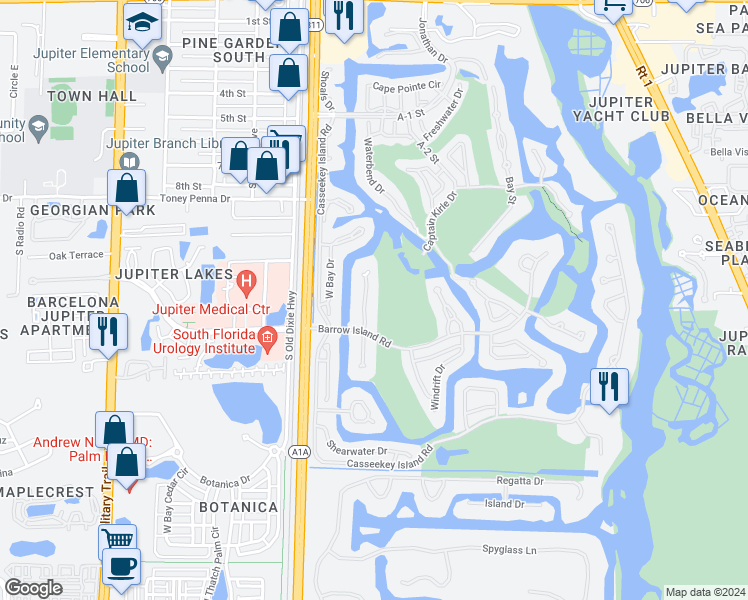 map of restaurants, bars, coffee shops, grocery stores, and more near 16648 Traders Crossing North in Jupiter