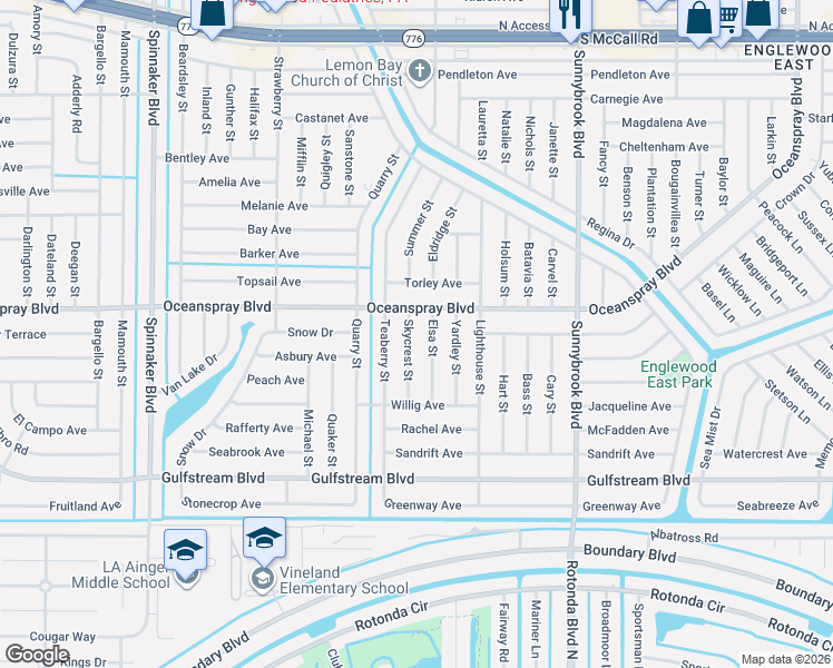 map of restaurants, bars, coffee shops, grocery stores, and more near 7305 Elsa Street in Englewood